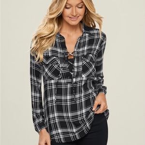 Venus Plaid Lace-Up Top-NWOT